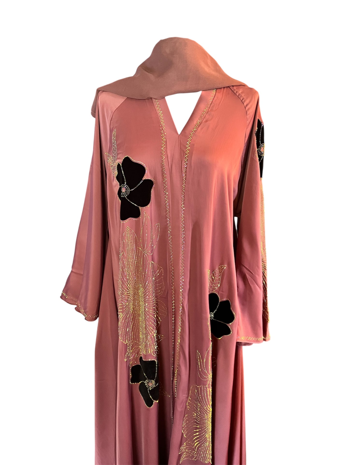Rose Pink Abaya with Black Floral Embroidery – Elegant Modest Wear