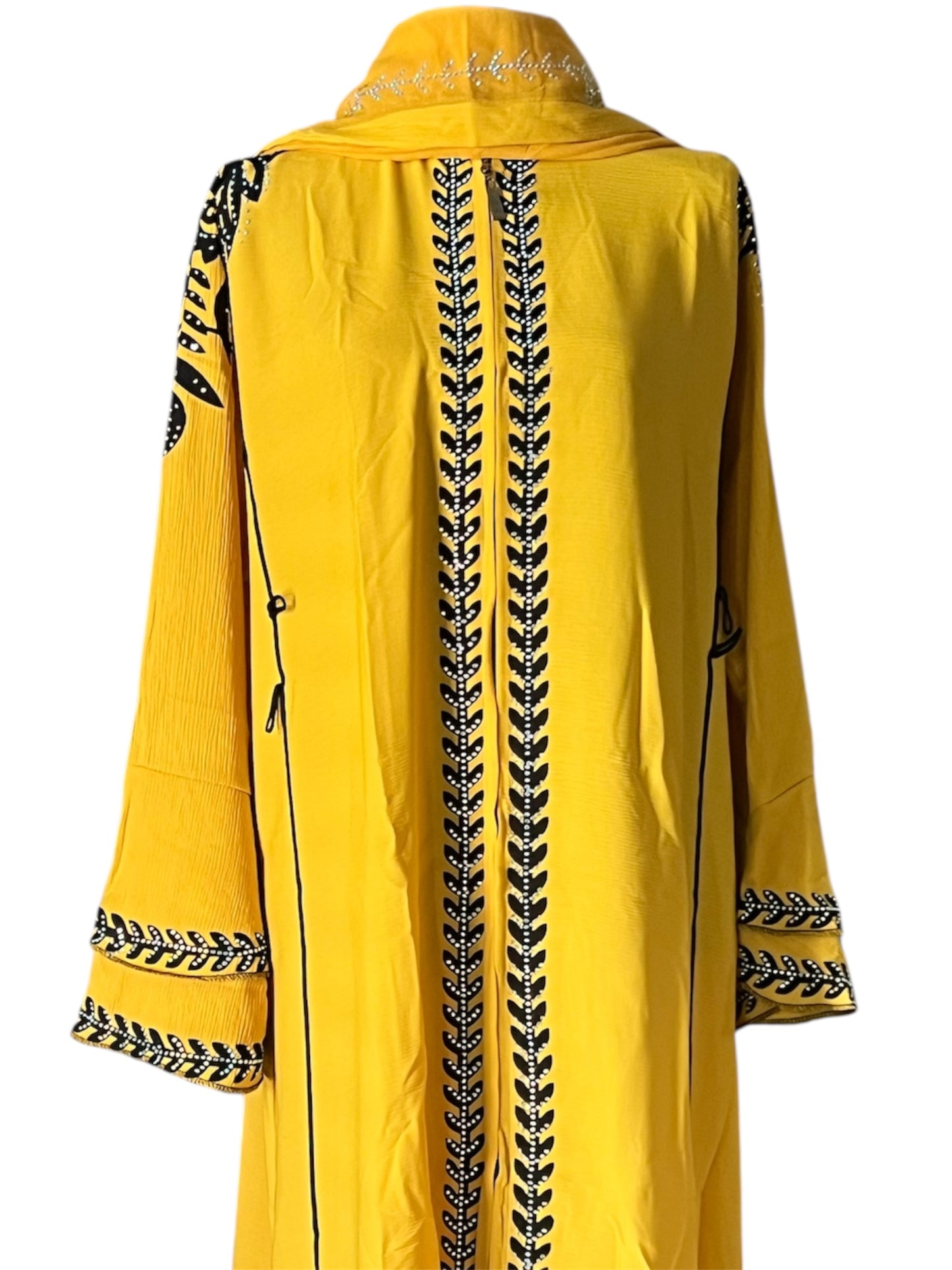 Bold Yellow Abaya with Black Embroidered Leaf Detailing