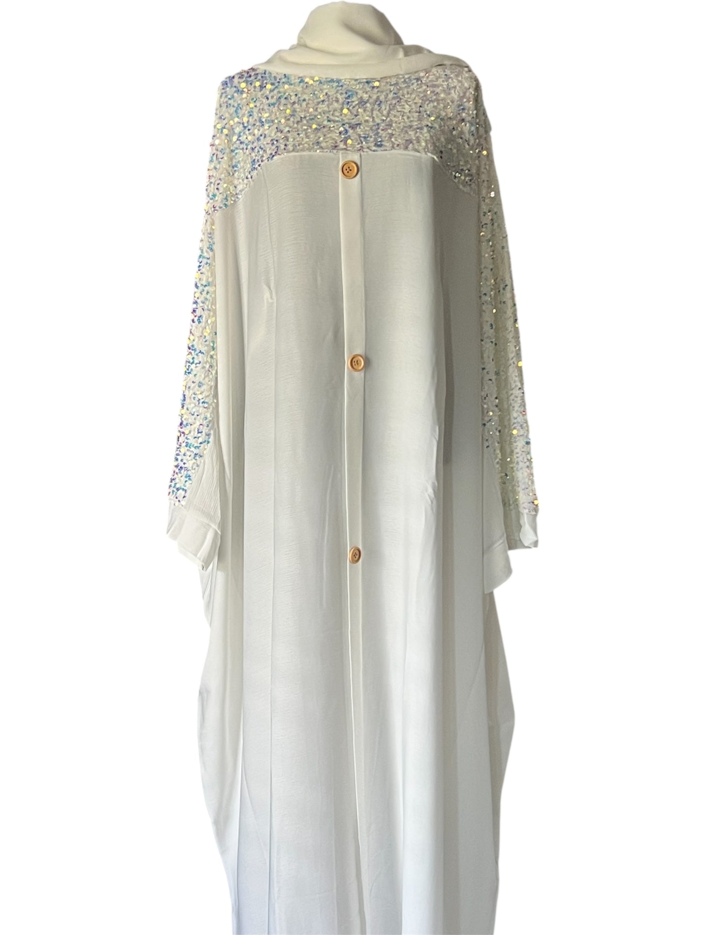 White Luxury Abaya with Silver & Purple Sequin Embroidery