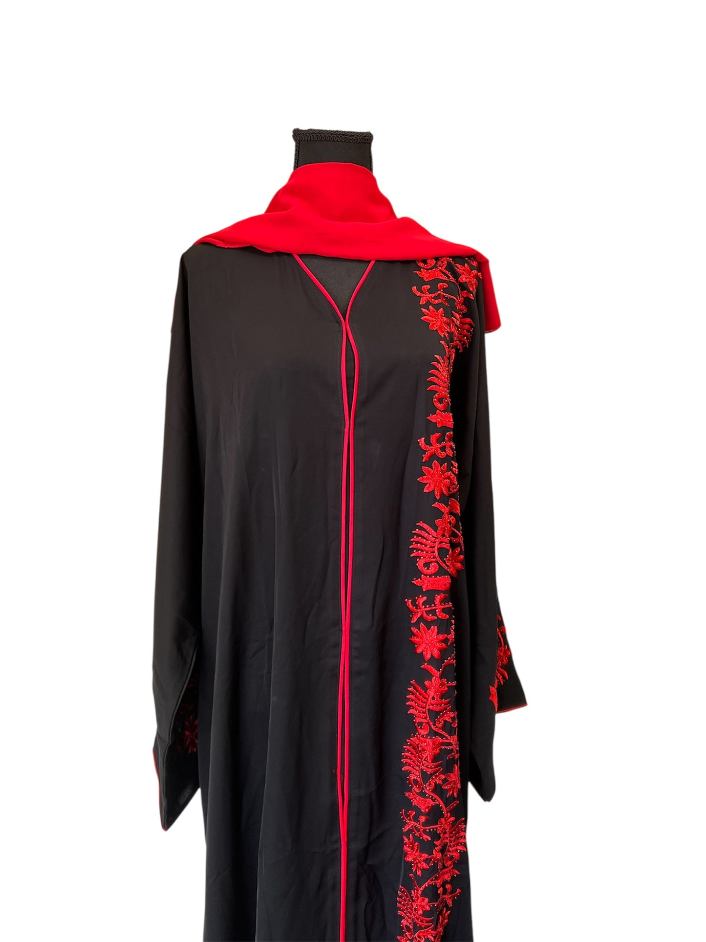 Black Abaya with Red Floral Embroidery – Elegant Modest Wear