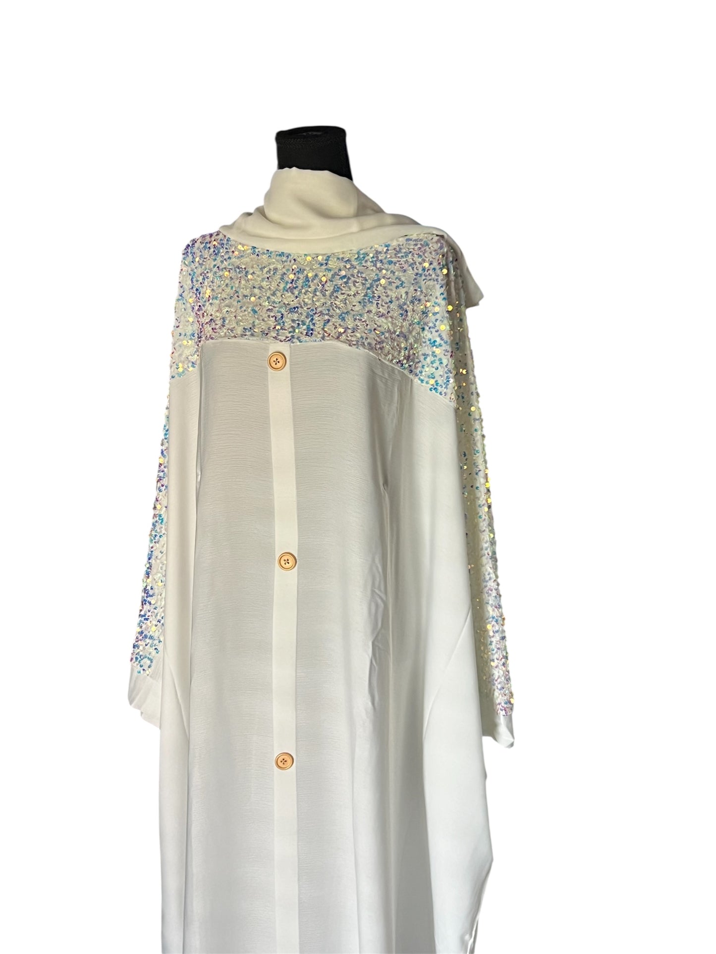 White Luxury Abaya with Silver & Purple Sequin Embroidery