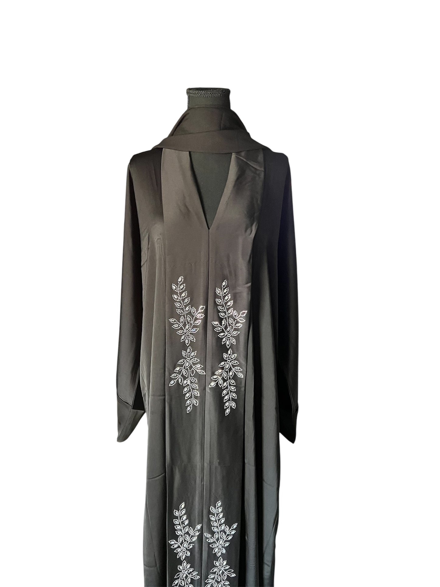 Black Abaya with Silver Leaf Embroidery – Premium Modest Wear