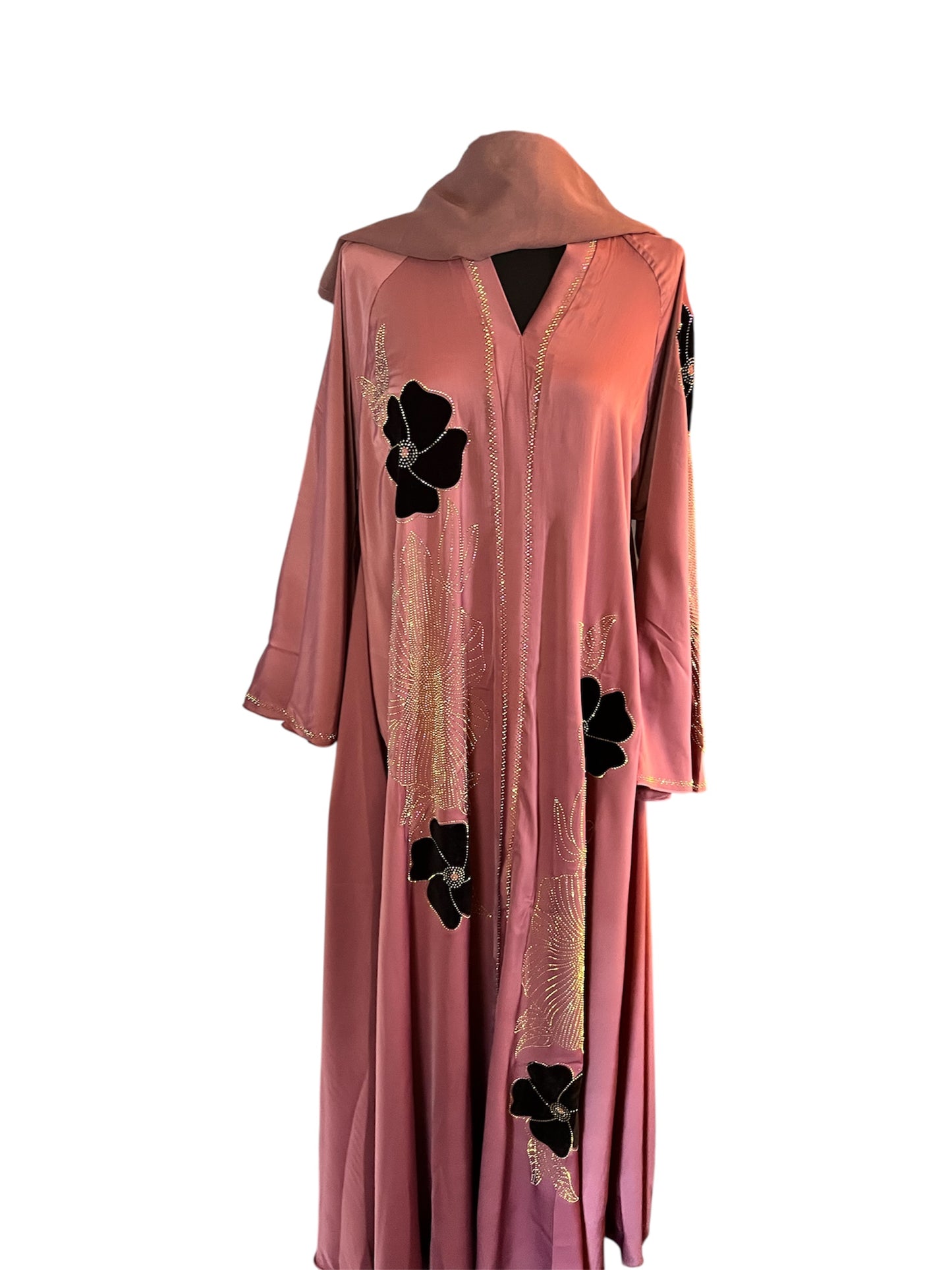 Rose Pink Abaya with Black Floral Embroidery – Elegant Modest Wear