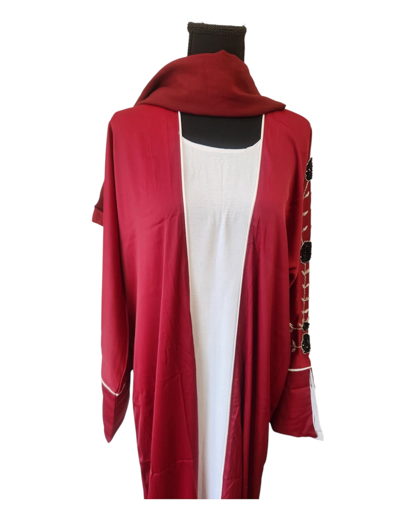 Burgundy Open Abaya with Black Floral Sleeve Embroider