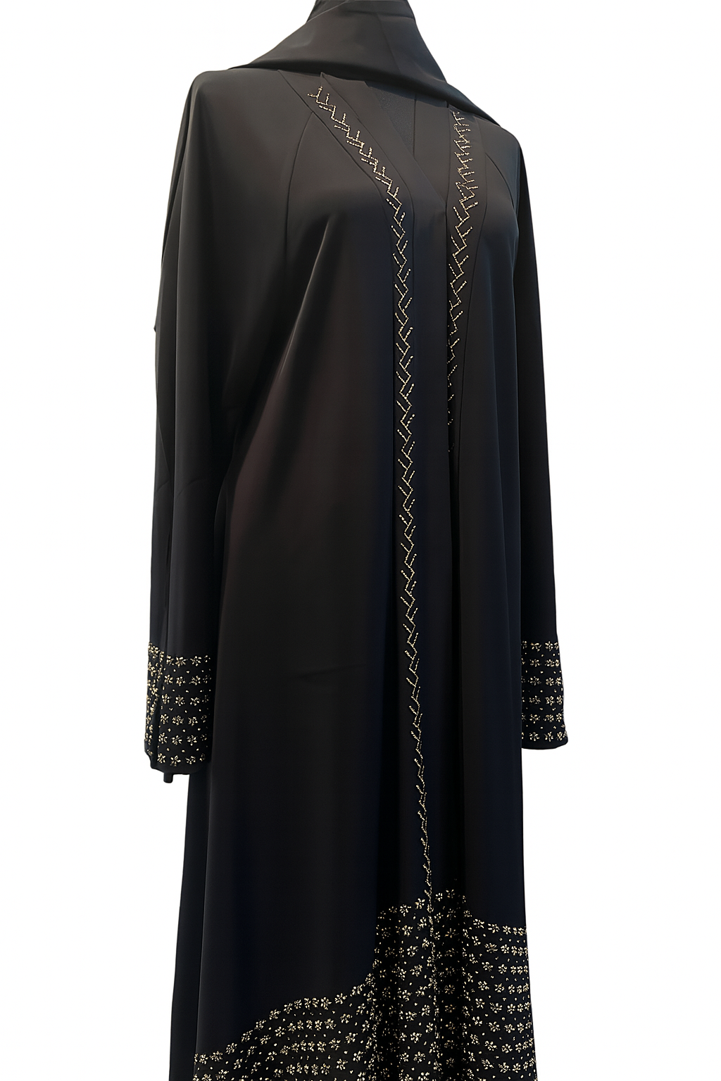 Elegant Black Abaya with Zigzag Embellishment & Intricate Borders Fashionable Design
