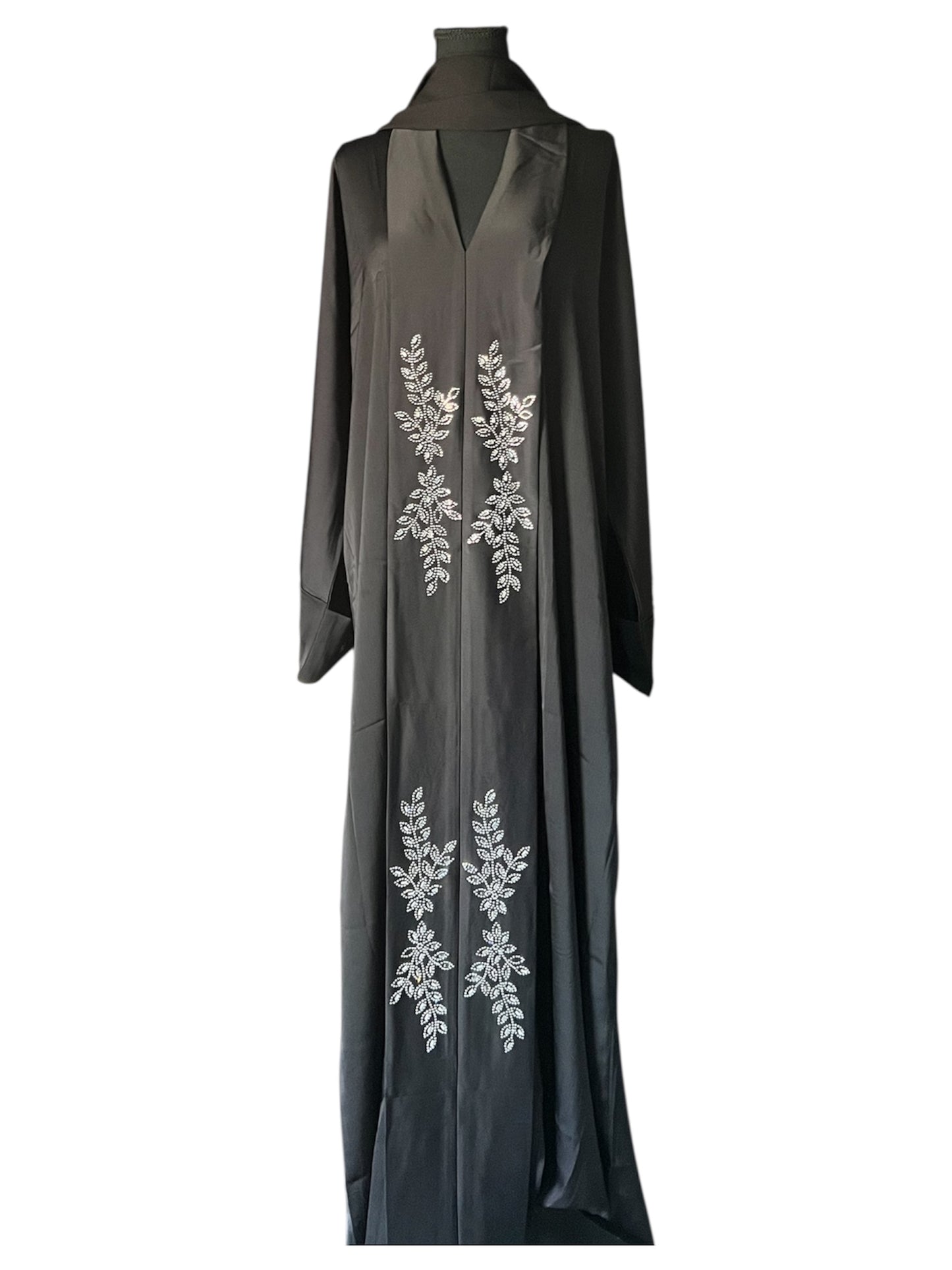 Black Abaya with Silver Leaf Embroidery – Premium Modest Wear