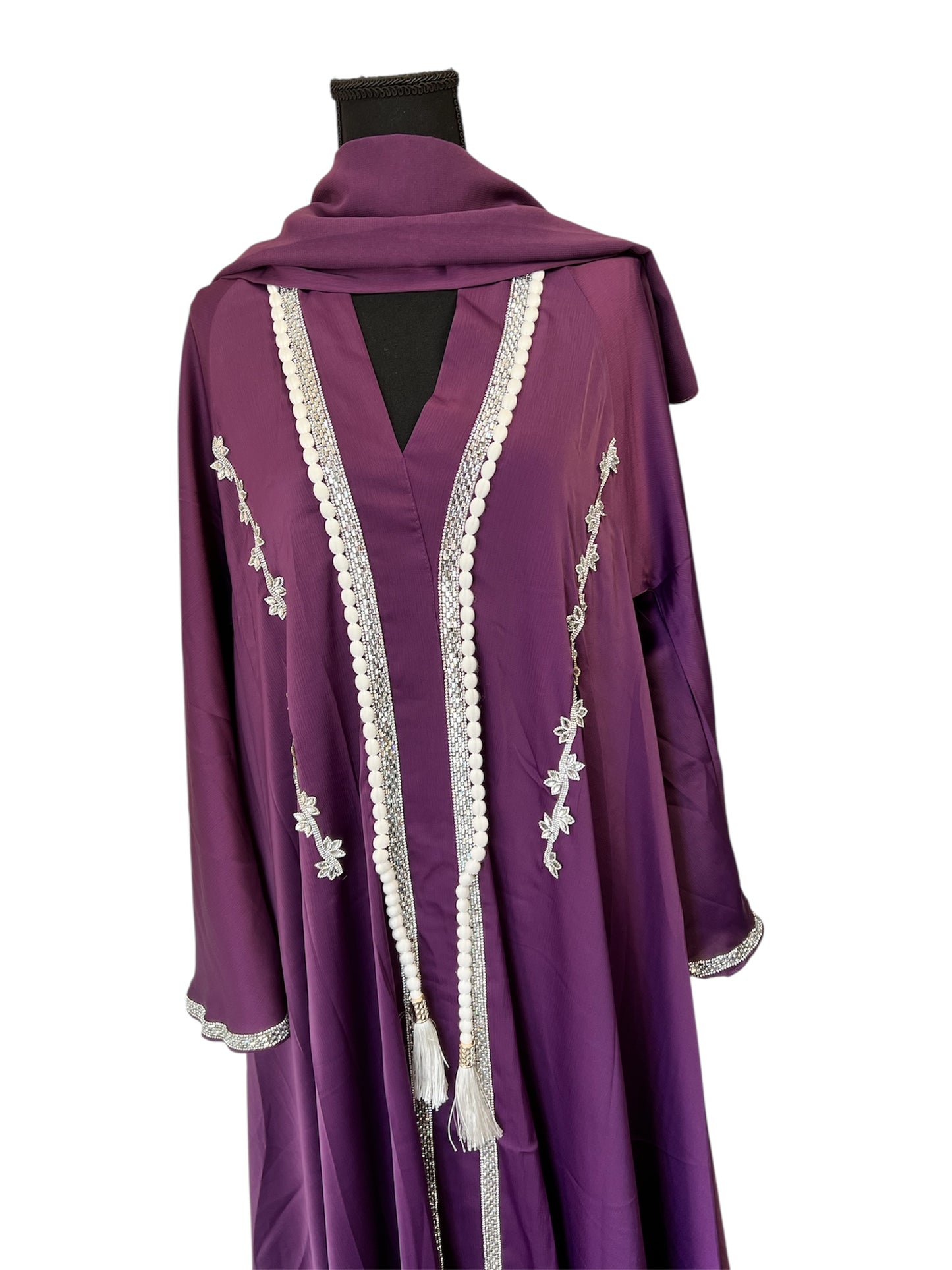 Luxury Purple Abaya with Silver Embroidery & Beaded Detailing
