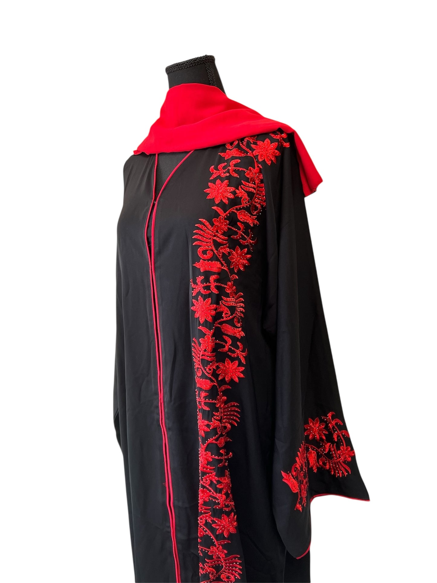 Black Abaya with Red Floral Embroidery – Elegant Modest Wear