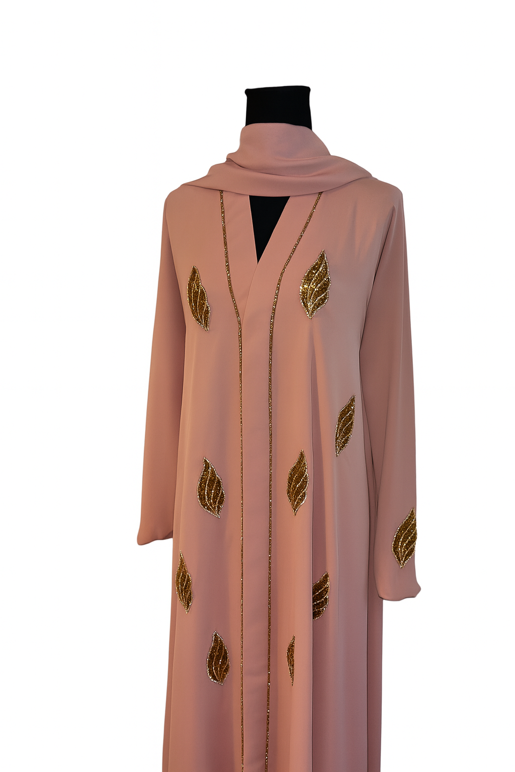 Blush Pink Abaya with Golden Leaf Embellishments & Scarf Elegant Design Women's Fashion Wear