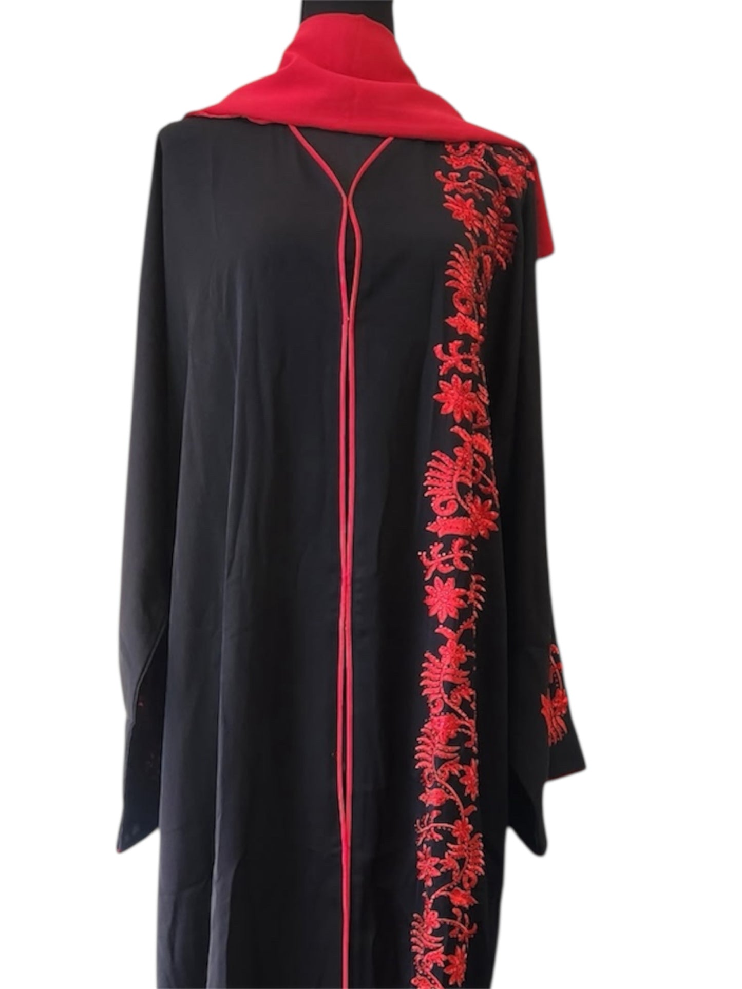 Black Abaya with Red Floral Embroidery – Elegant Modest Wear