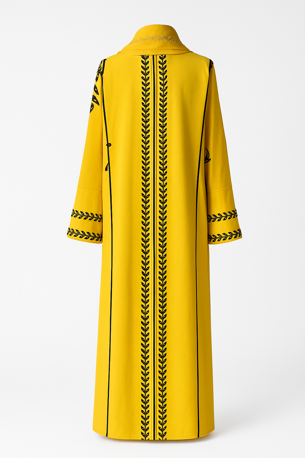 Bold Yellow Abaya with Black Embroidered Leaf Detailing