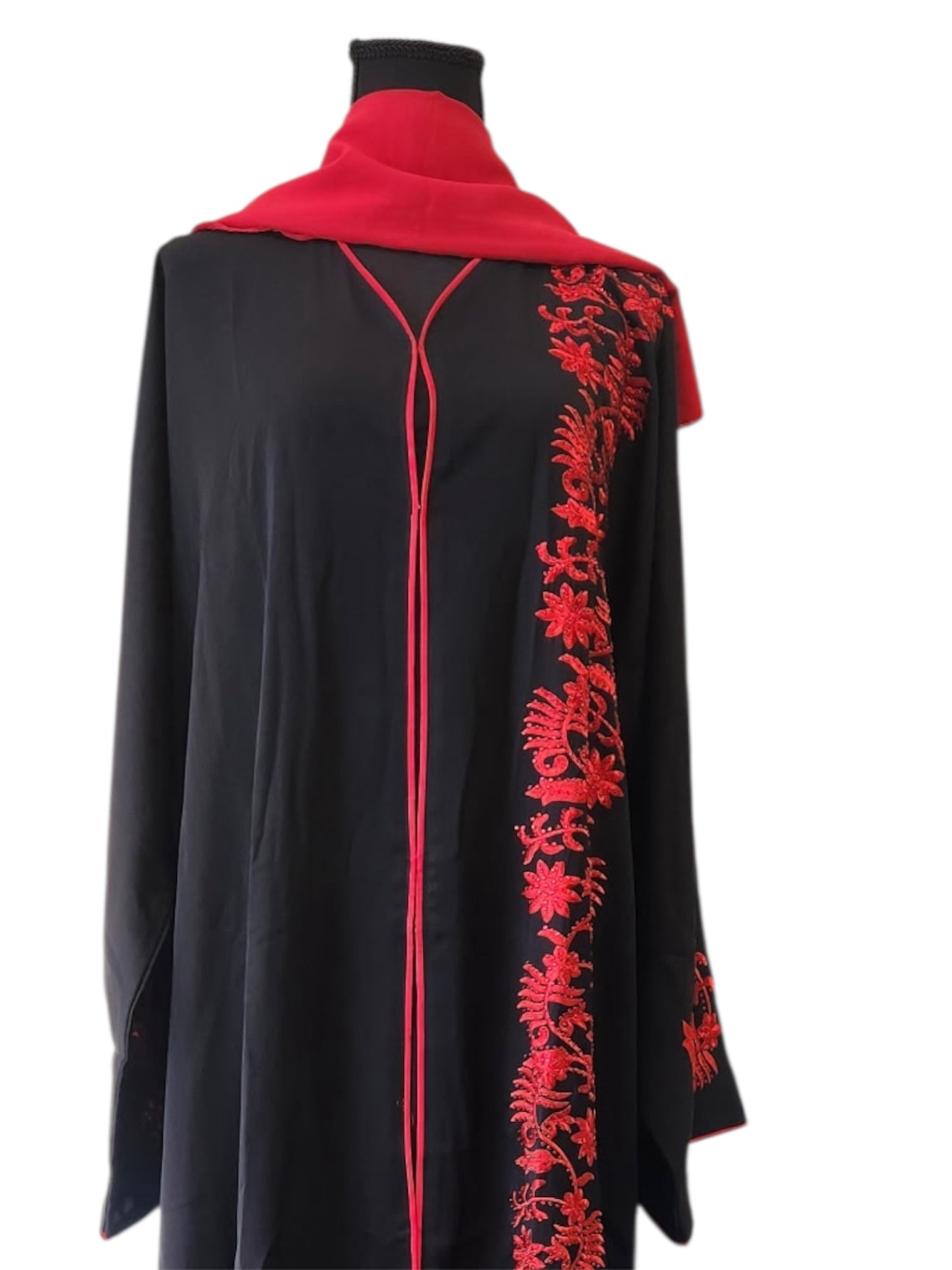 Black Abaya with Red Floral Embroidery – Elegant Modest Wear