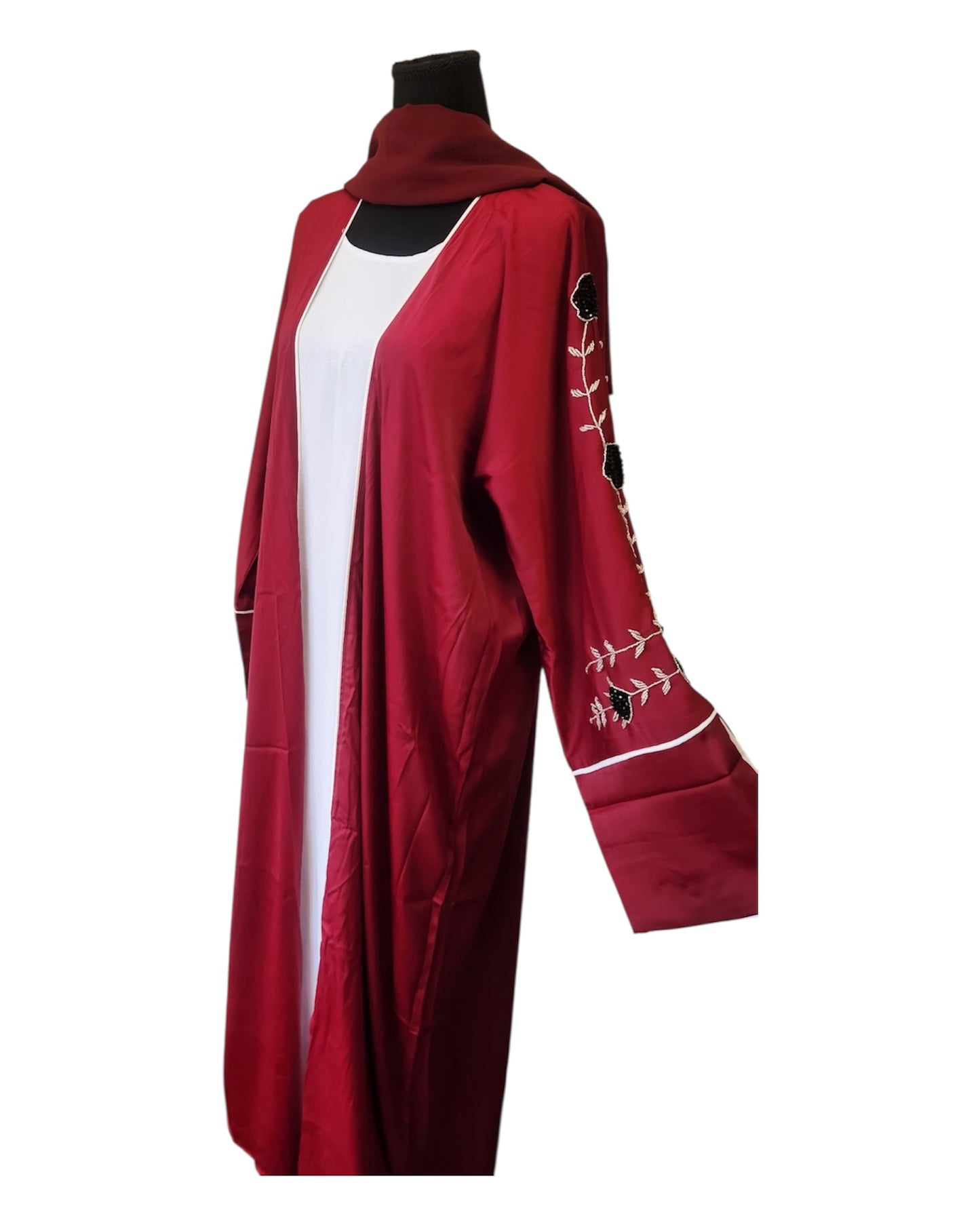 Burgundy Open Abaya with Black Floral Sleeve Embroider
