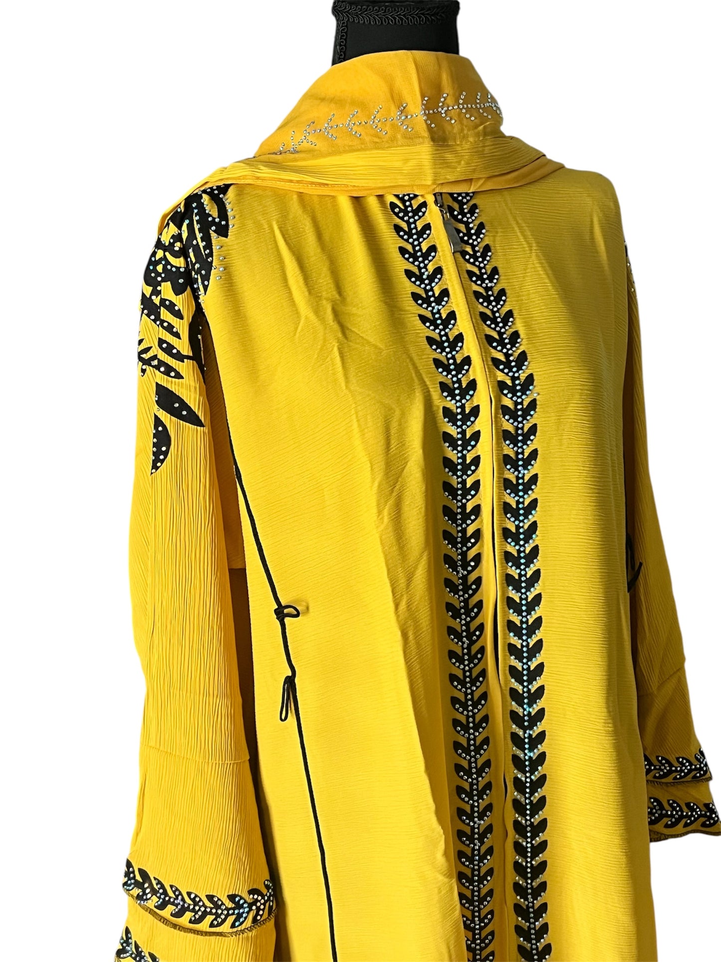 Bold Yellow Abaya with Black Embroidered Leaf Detailing