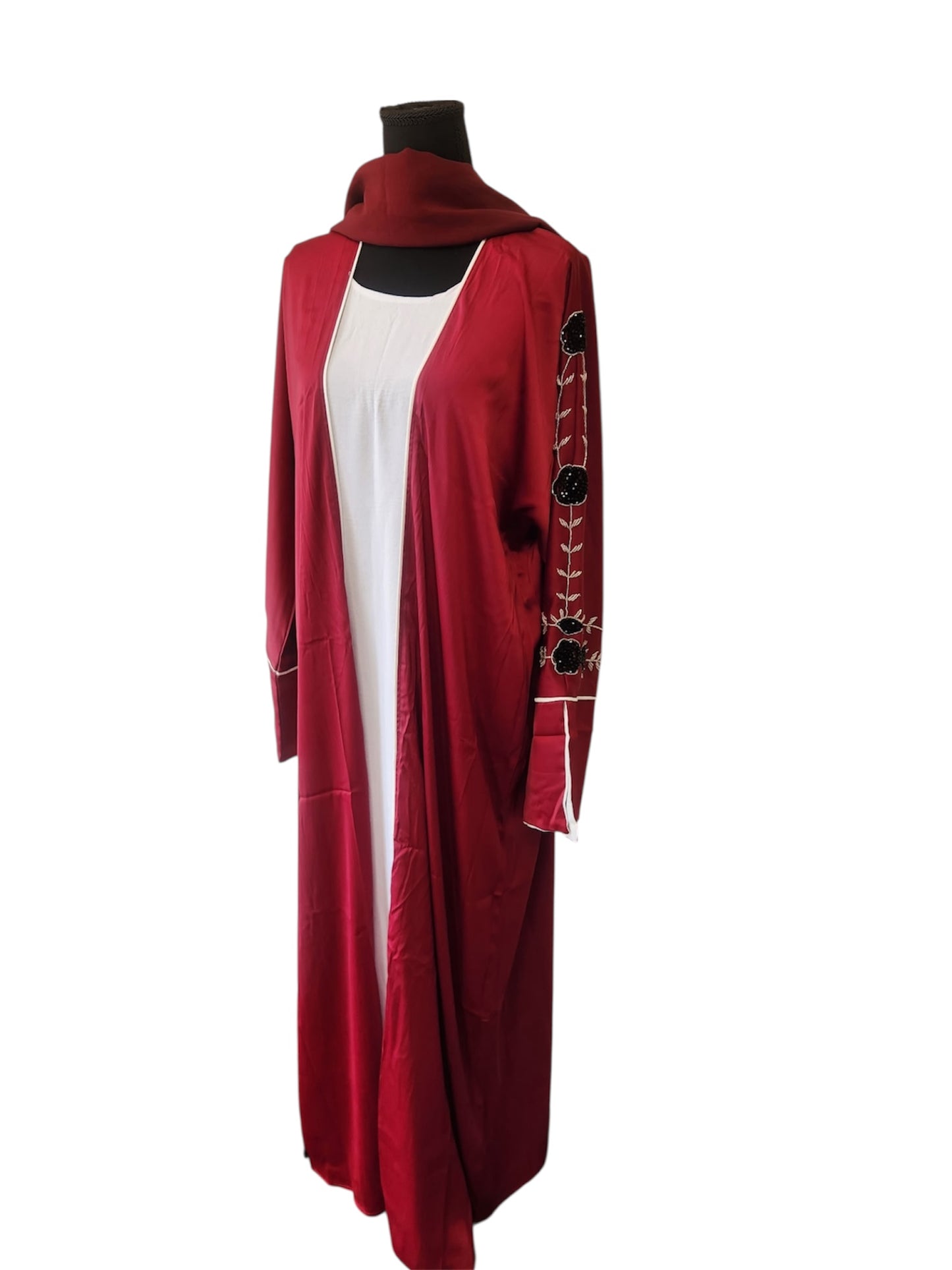 Burgundy Open Abaya with Black Floral Sleeve Embroider