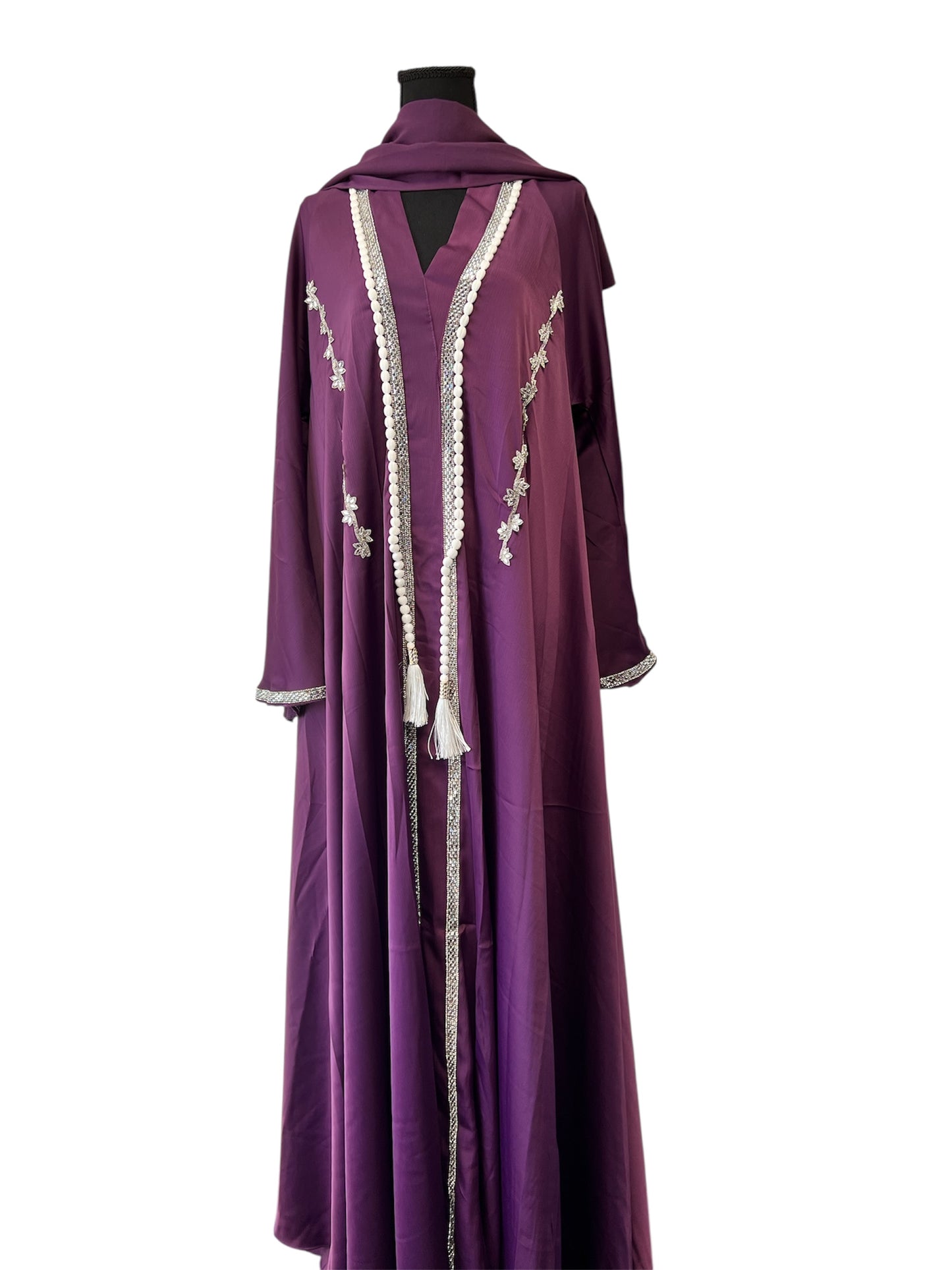 Luxury Purple Abaya with Silver Embroidery & Beaded Detailing