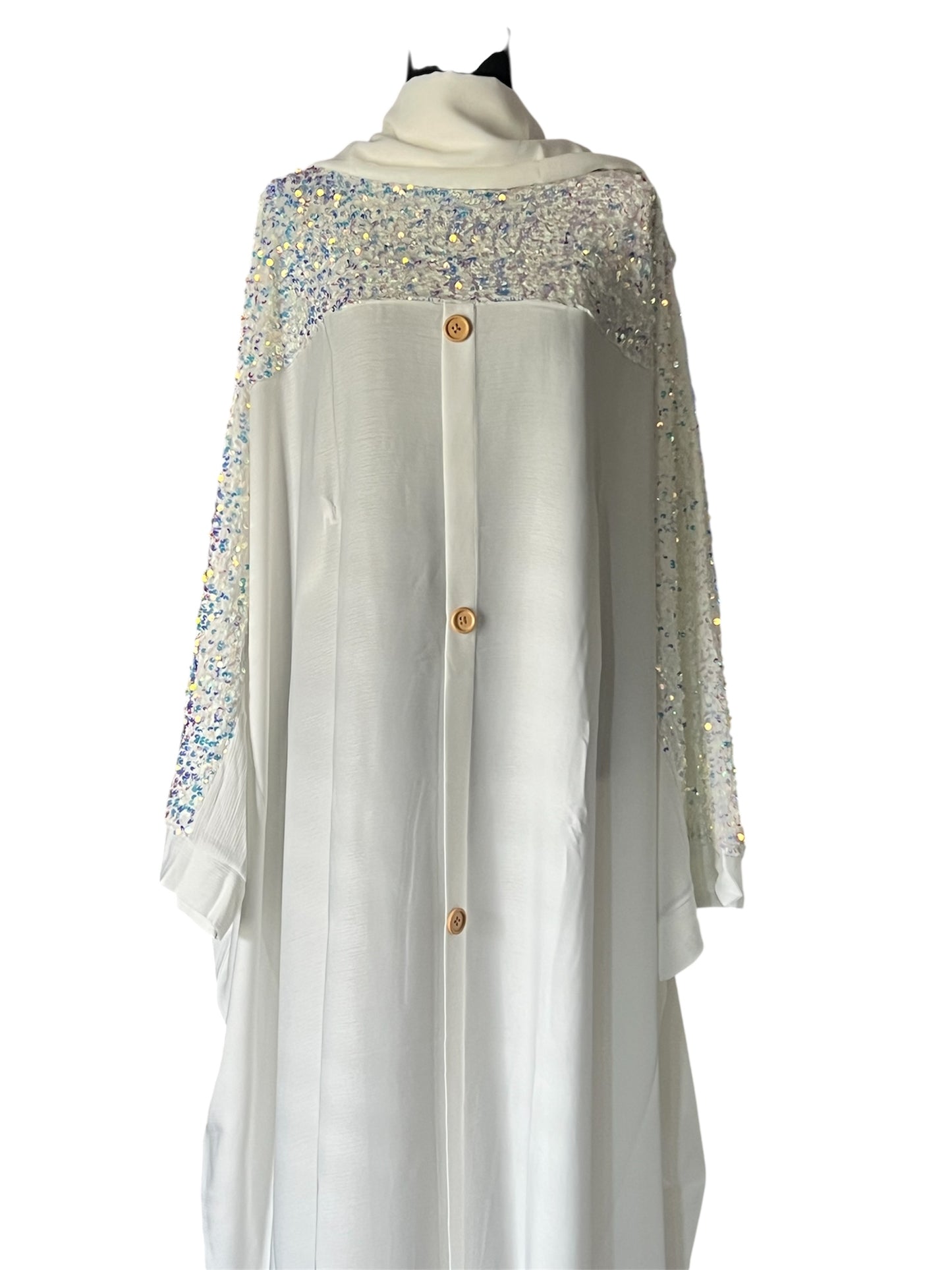White Luxury Abaya with Silver & Purple Sequin Embroidery