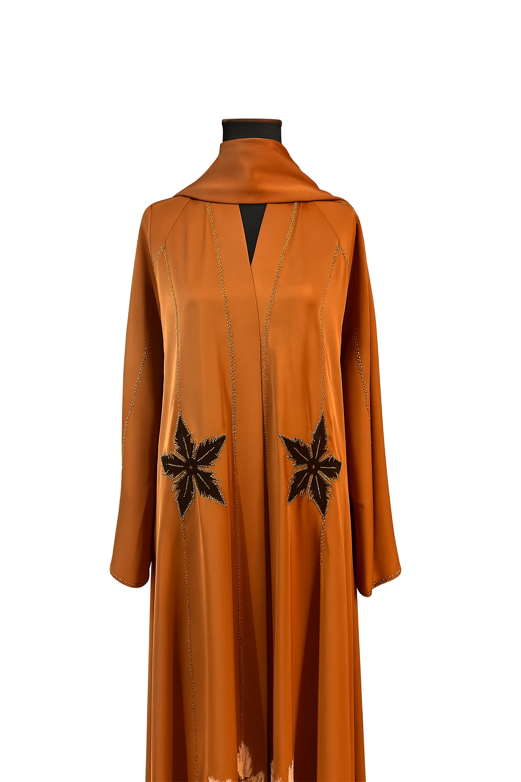 Burnt Copper Abaya with Bold Starflower Embroidery & Matching Scarf - Elegant Design for Stylish Wear