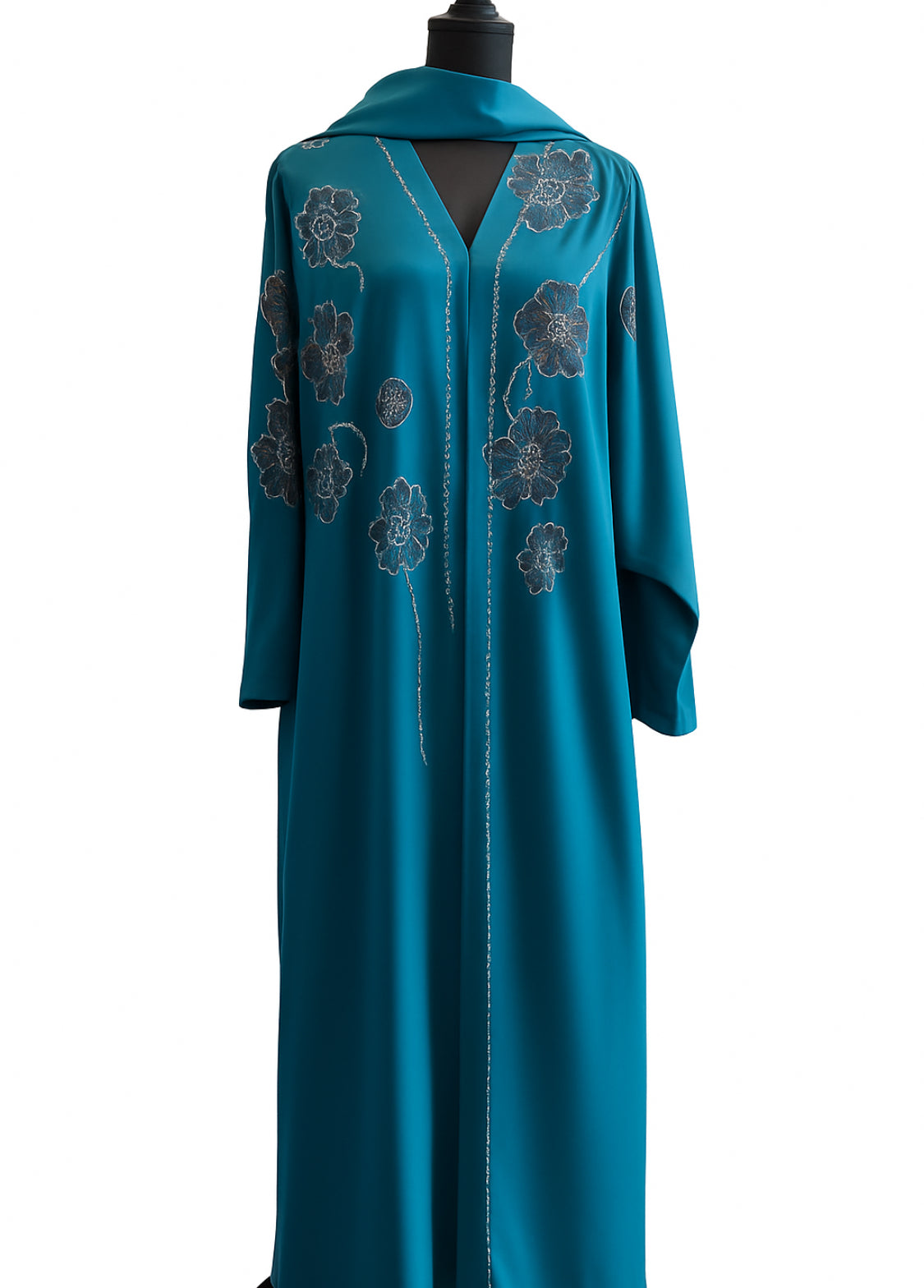 Butterfly Classic Black Abaya with Intricate Silver Embroidery & Scarf Elegant Design Women's Fashion