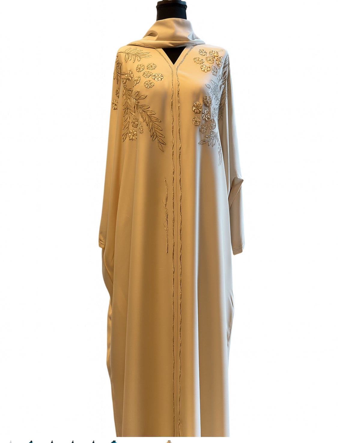 Butterfly Classic Black Abaya with Intricate Silver Embroidery & Scarf Elegant Design Women's Fashion