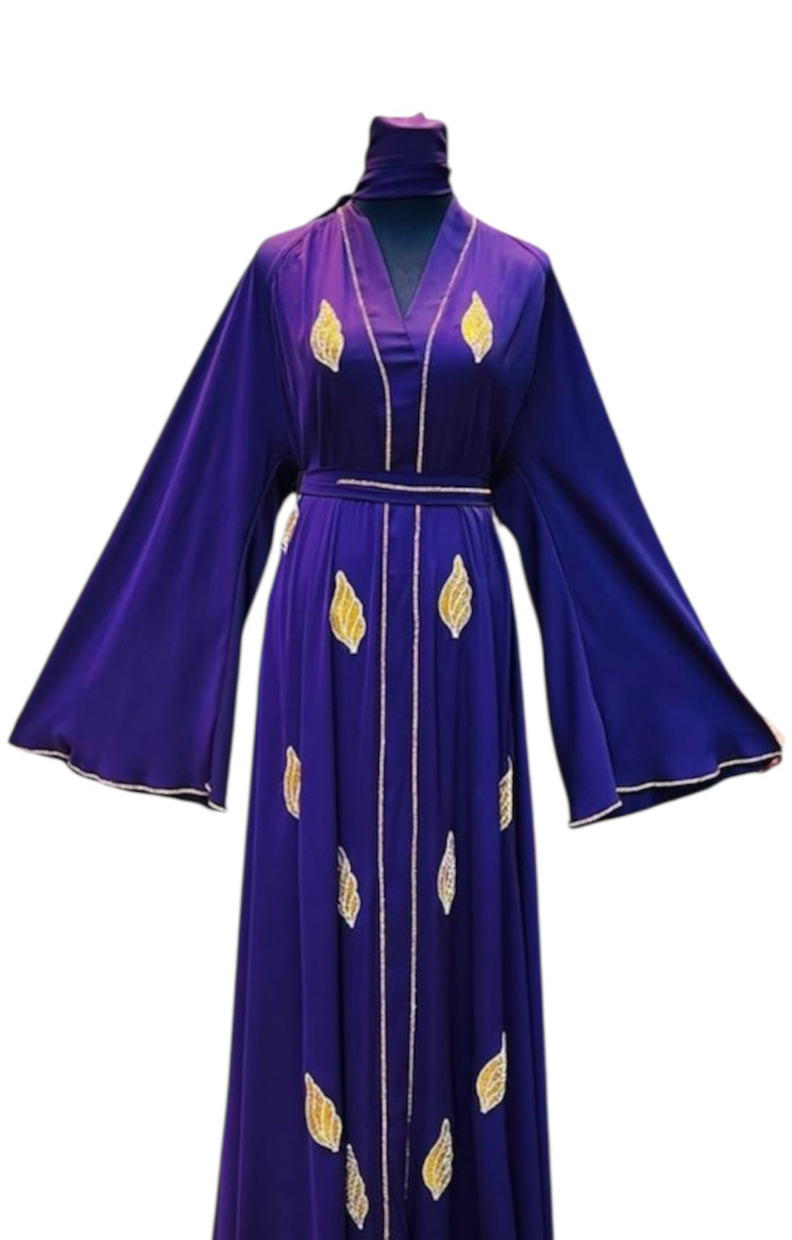 Deep Plum Abaya with Gold Leaf Embellishments & Scarf - Elegant Purple Robe with Decorative Accents