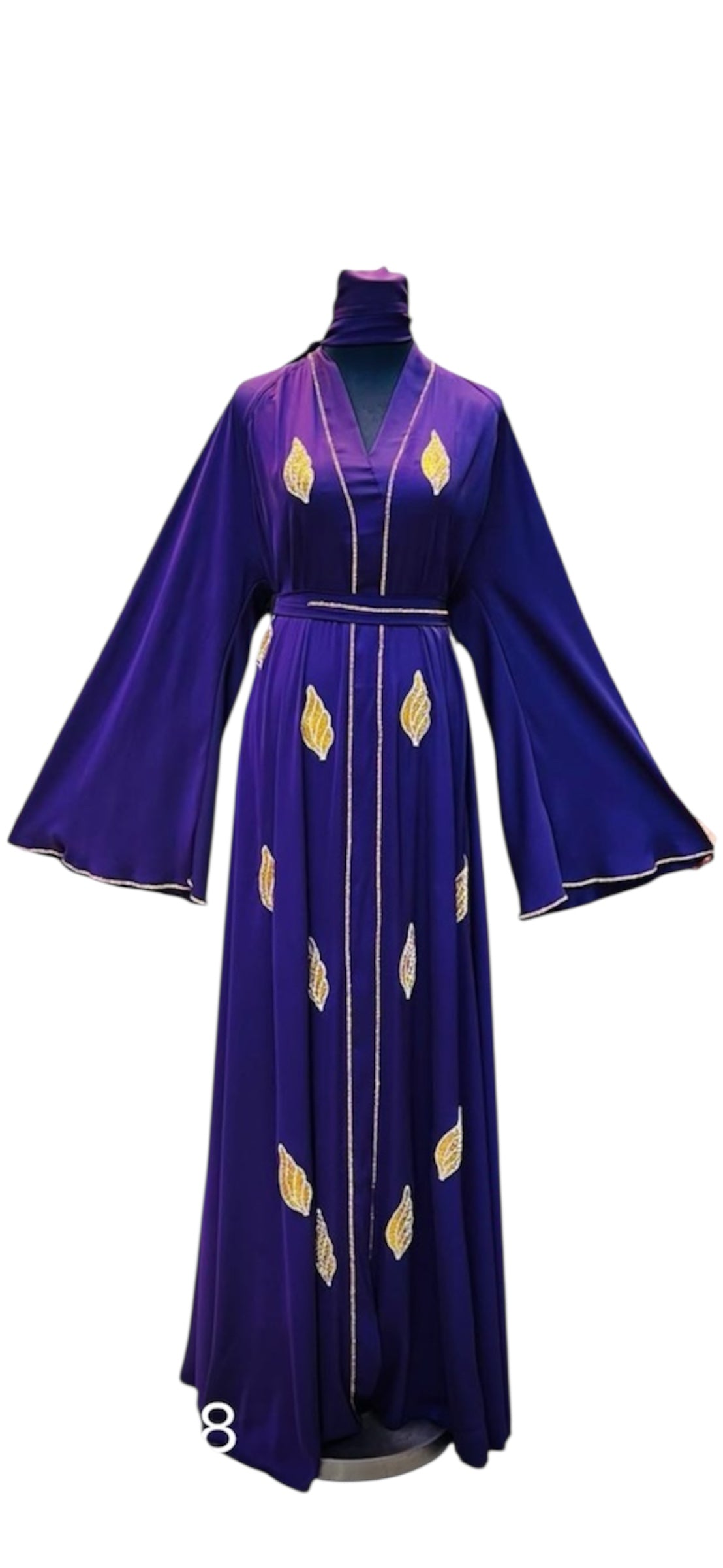 Deep Plum Abaya with Gold Leaf Embellishments & Scarf - Elegant Purple Robe with Decorative Accents