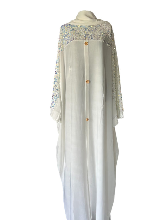 White Luxury Abaya with Silver & Purple Sequin Embroidery