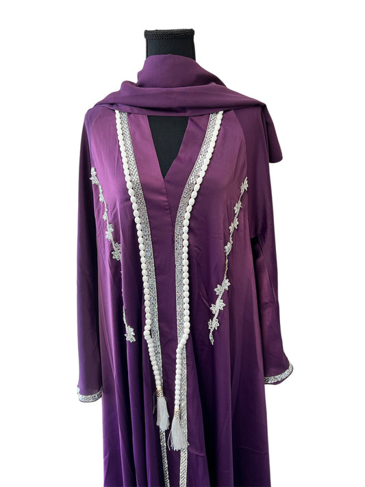 Luxury Purple Abaya with Silver Embroidery & Beaded Detailing