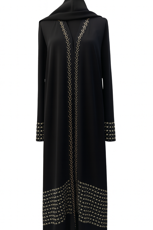 Elegant Black Abaya with Zigzag Embellishment & Intricate Borders Fashionable Design