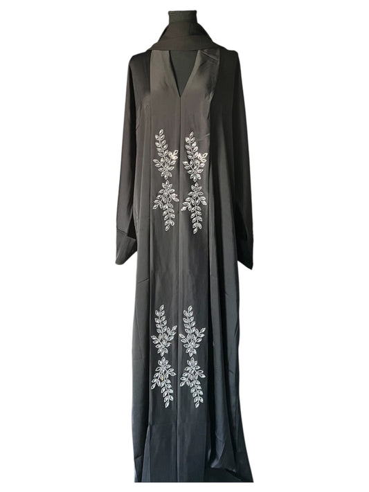 Black Abaya with Silver Leaf Embroidery – Premium Modest Wear