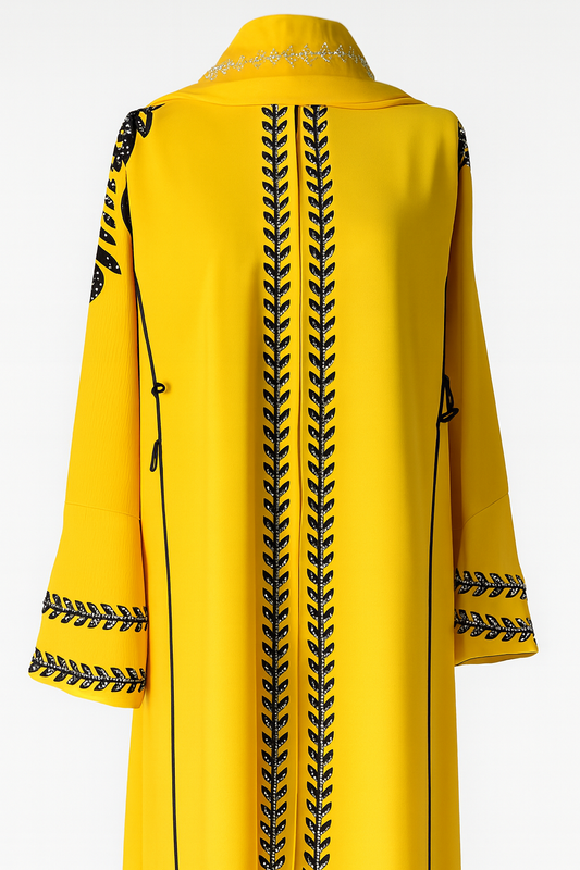 Bold Yellow Abaya with Black Embroidered Leaf Detailing