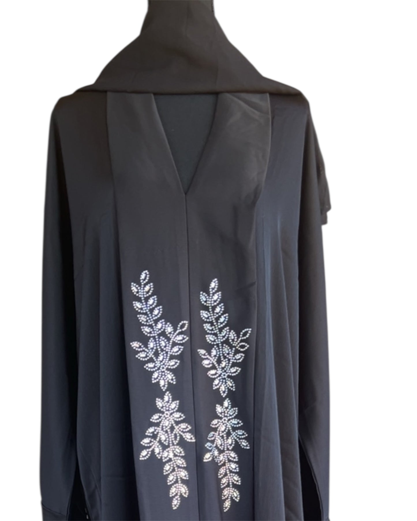 Black Abaya with Silver Leaf Embroidery – Premium Modest Wear