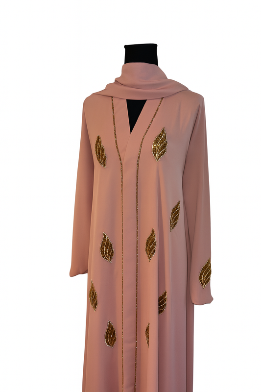 Blush Pink Abaya with Golden Leaf Embellishments & Scarf Elegant Design Women's Fashion Wear