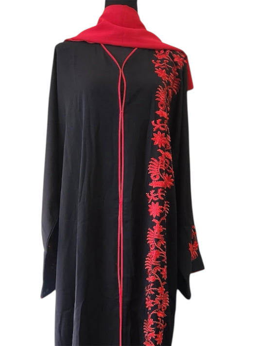 Black Abaya with Red Floral Embroidery – Elegant Modest Wear