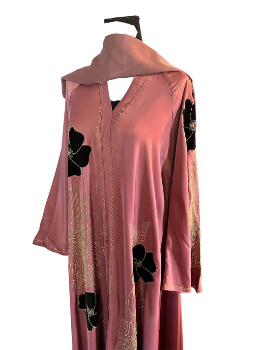 Rose Pink Abaya with Black Floral Embroidery – Elegant Modest Wear