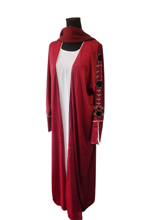 Burgundy Open Abaya with Black Floral Sleeve Embroider