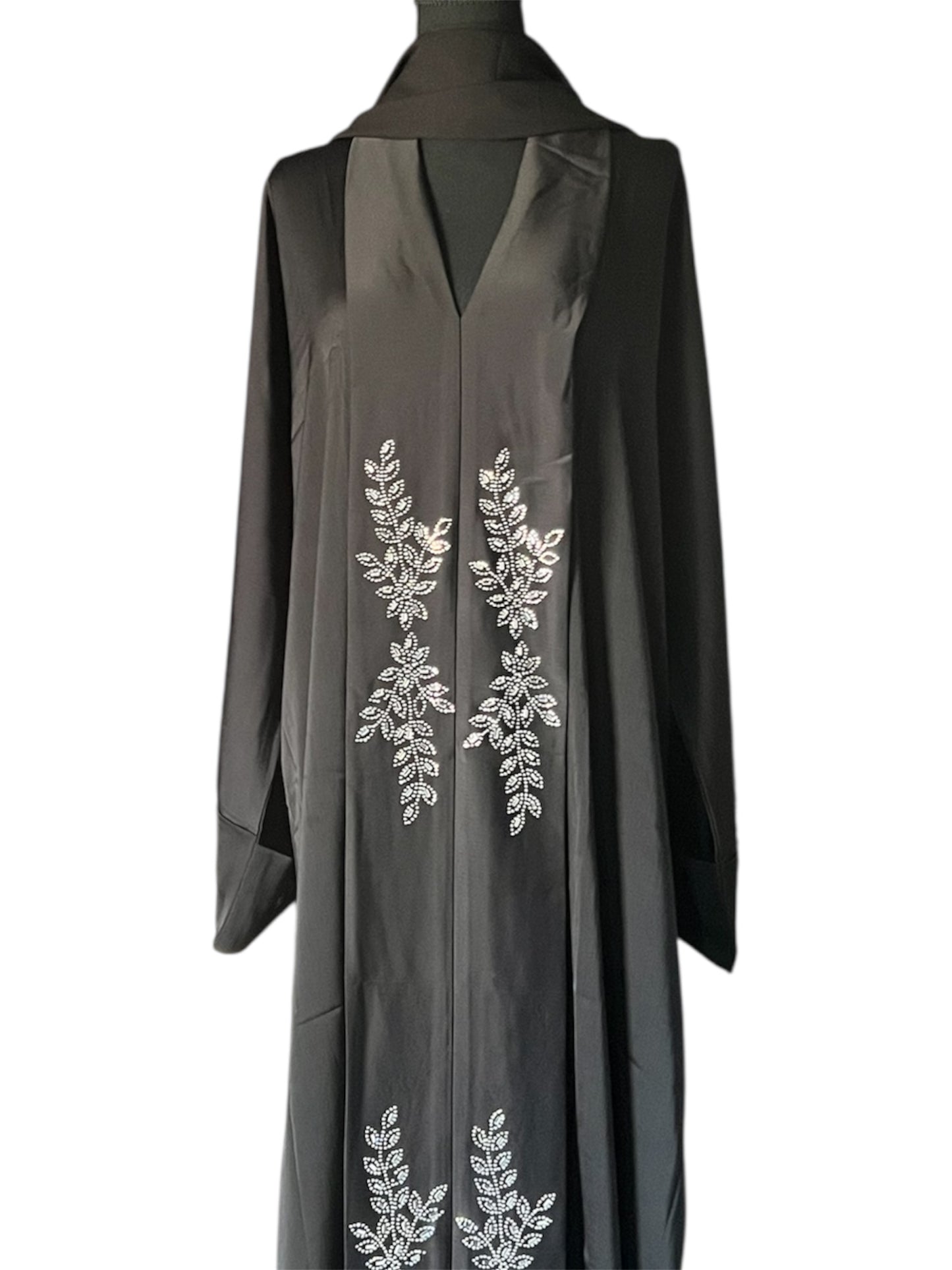 Black Abaya with Silver Leaf Embroidery – Premium Modest Wear