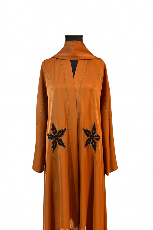 Burnt Copper Abaya with Bold Starflower Embroidery & Matching Scarf - Elegant Design for Stylish Wear