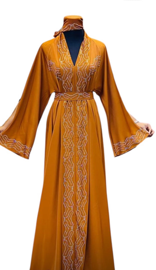 Burnt Orange Abaya with Modern Embellished Pattern & Scarf - Stylish and Unique Design