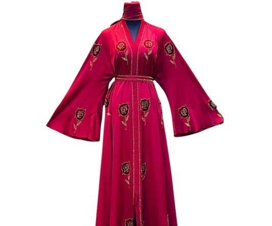 Rich Red Rose Embroidered Abaya with Matching Scarf - Elegant Design for Stylish Wear