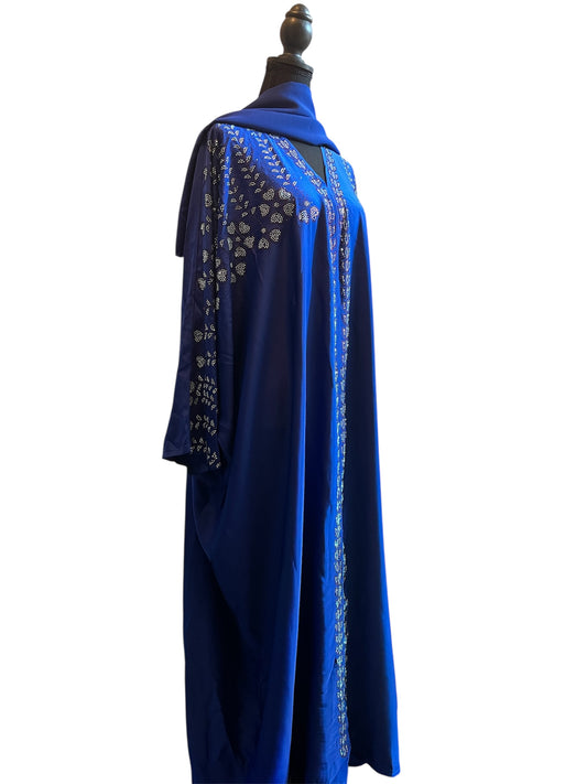 Butterfly Classic Black Abaya with Intricate Silver Embroidery & Scarf Elegant Design Women's Fashion