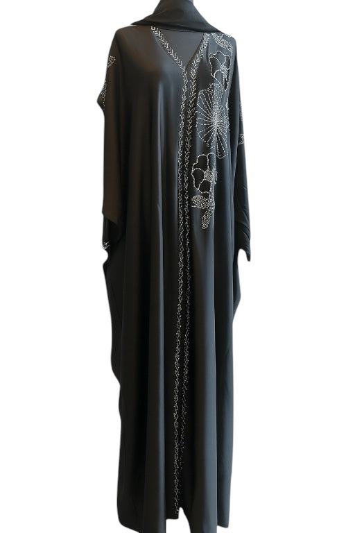 Butterfly Classic Black Abaya with Intricate Silver Embroidery & Scarf Elegant Design Women's Fashion