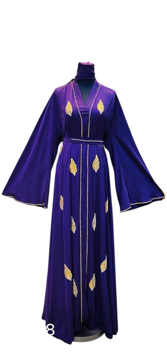Deep Plum Abaya with Gold Leaf Embellishments & Scarf - Elegant Purple Robe with Decorative Accents