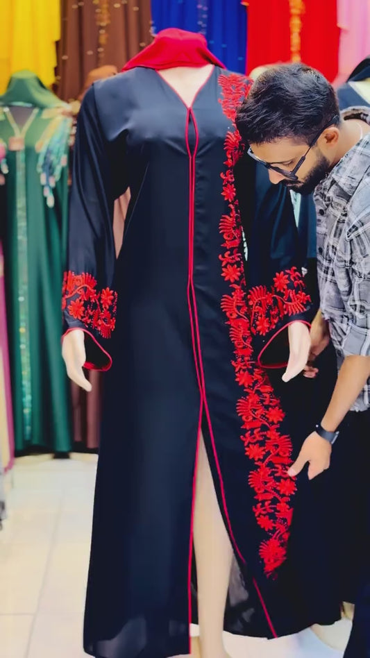 Black Abaya with Red Floral Embroidery – Elegant Modest Wear