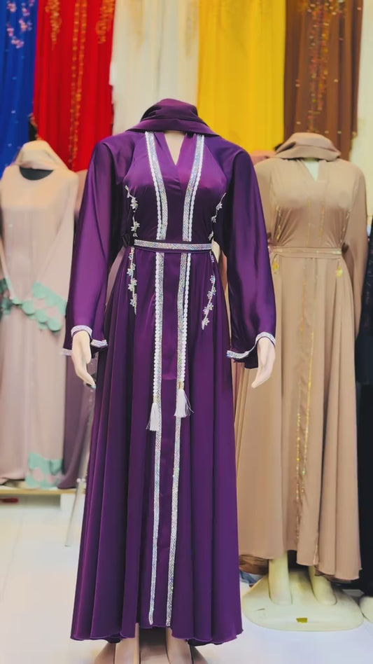 Luxury Purple Abaya with Silver Embroidery & Beaded Detailing