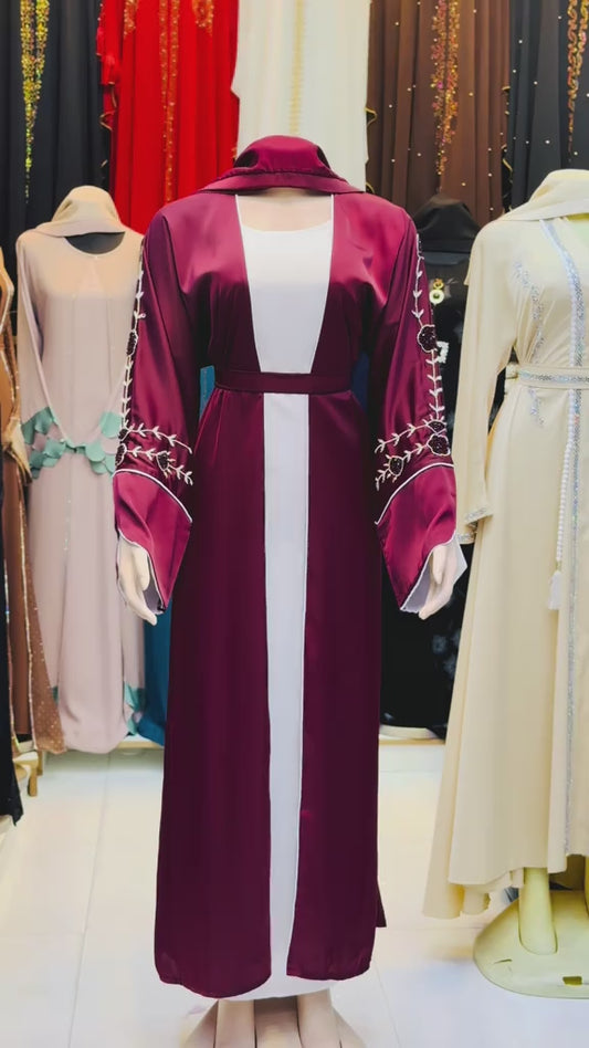 Burgundy Open Abaya with Black Floral Sleeve Embroider