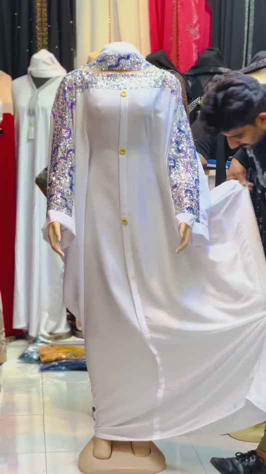 White Luxury Abaya with Silver & Purple Sequin Embroidery