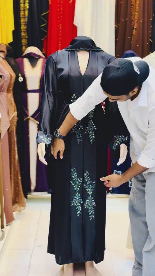 Black Abaya with Silver Leaf Embroidery – Premium Modest Wear