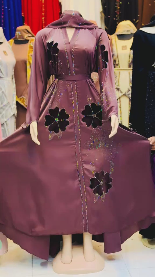 Rose Pink Abaya with Black Floral Embroidery – Elegant Modest Wear